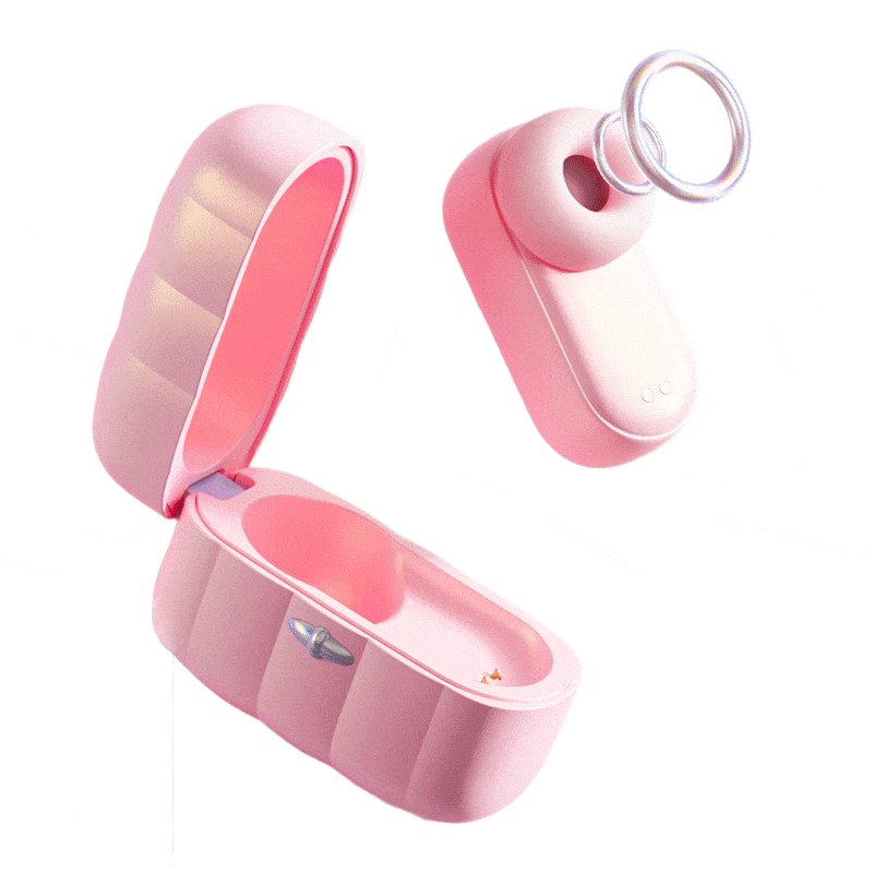Pink earbud-case shaped clitoral stimulation toy with finger ring