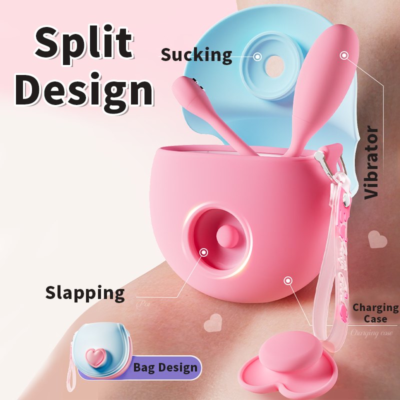 Pink and blue clit sucking vibrator with case, photo 2