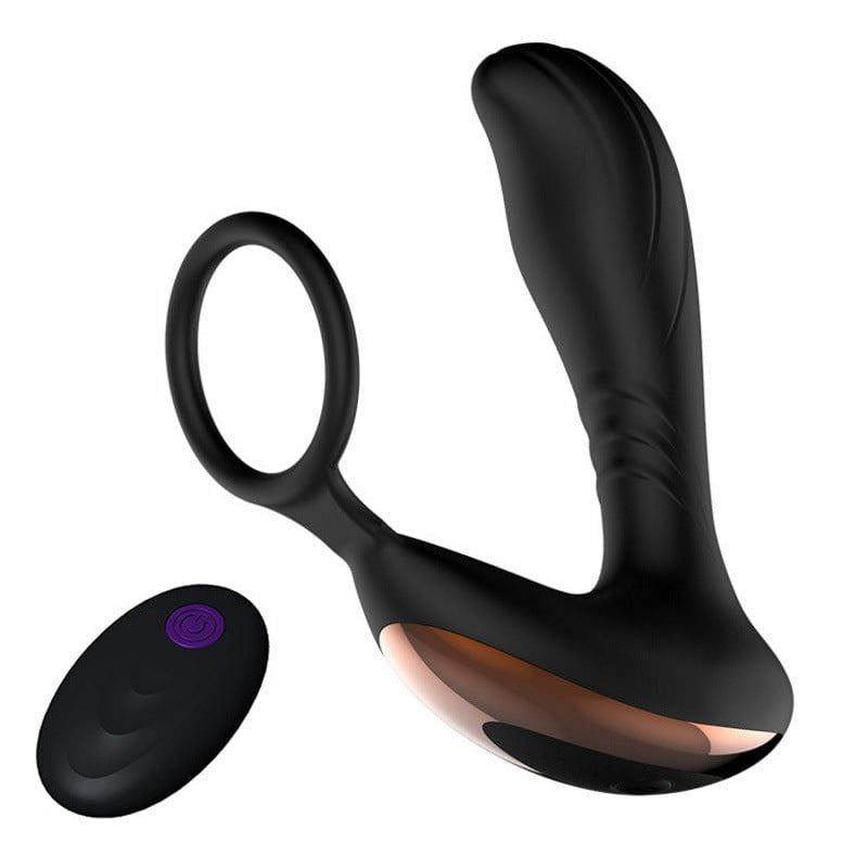 Black silicone prostate massager with cock ring, photo 1
