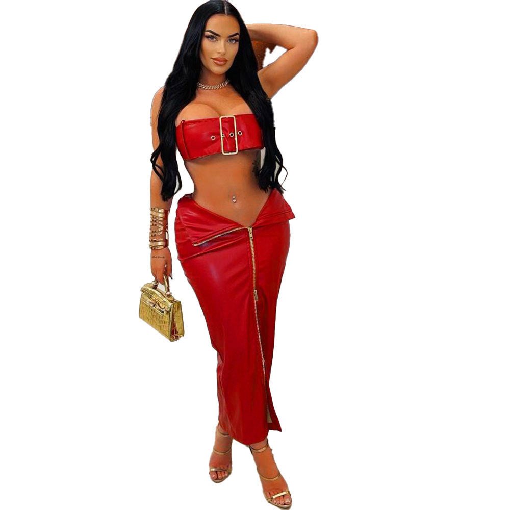 Red pu leather buckle crop top skirt set