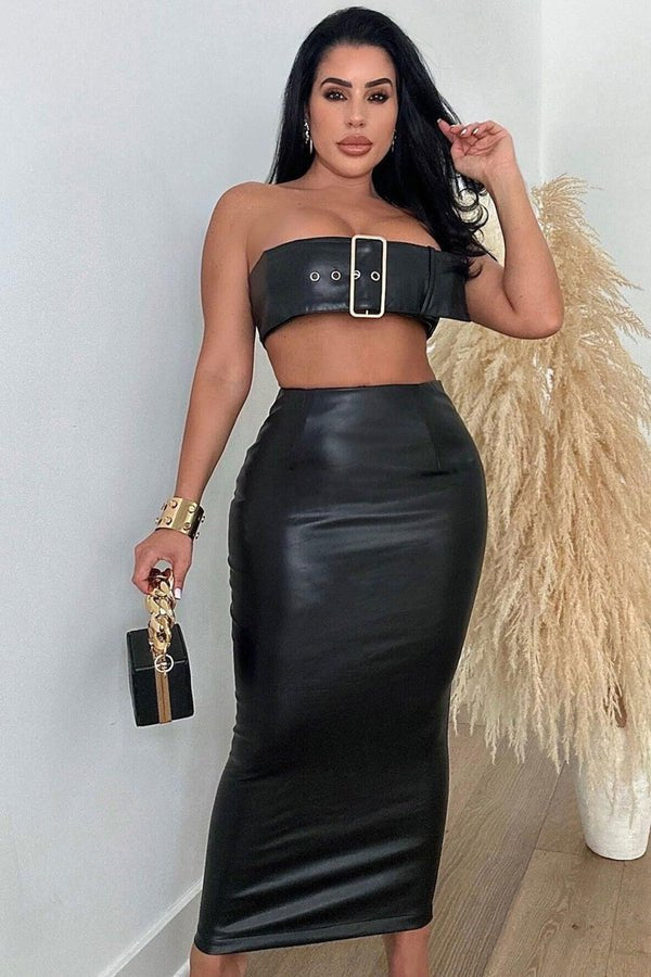 Pu leather buckle crop top skirt set, photo 4