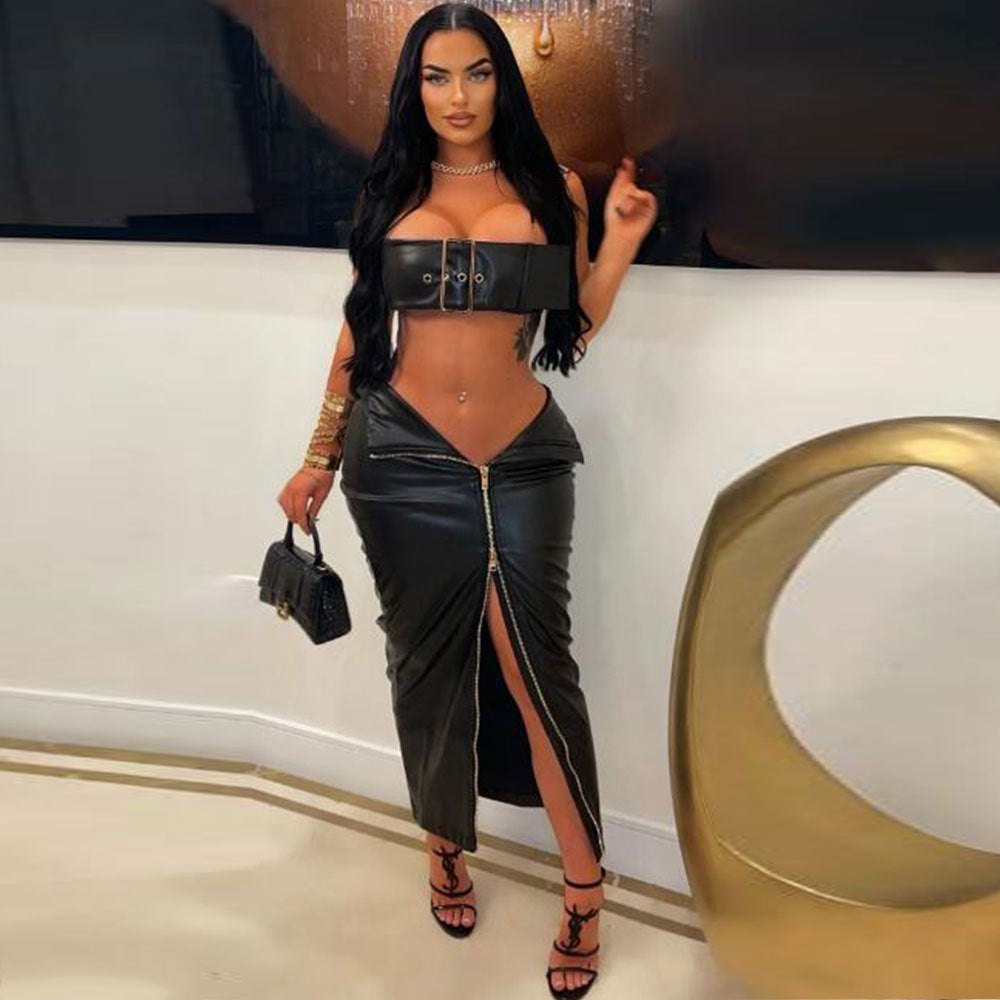 Pu leather buckle crop top skirt set, photo 5