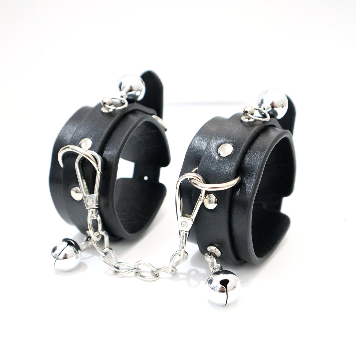 PU leather handcuffs with metal bells and connecting chain, photo 3