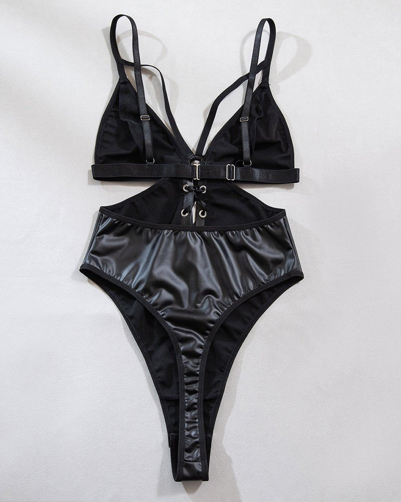 Pu leather lace up cutout bodysuit, photo 5
