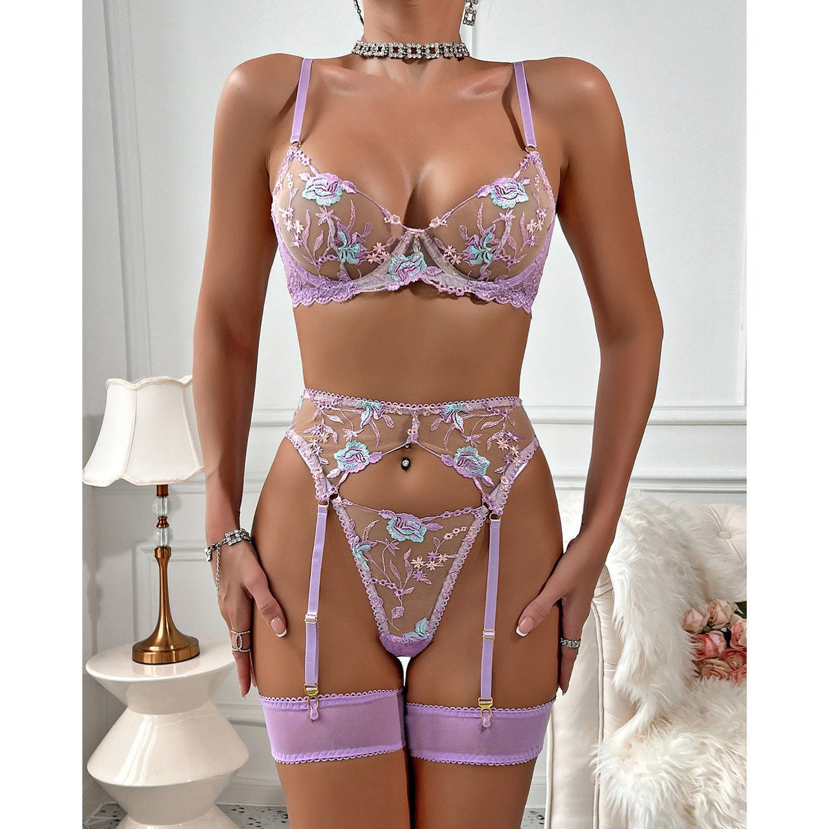 Purple floral embroidered garter lingerie set, photo 4
