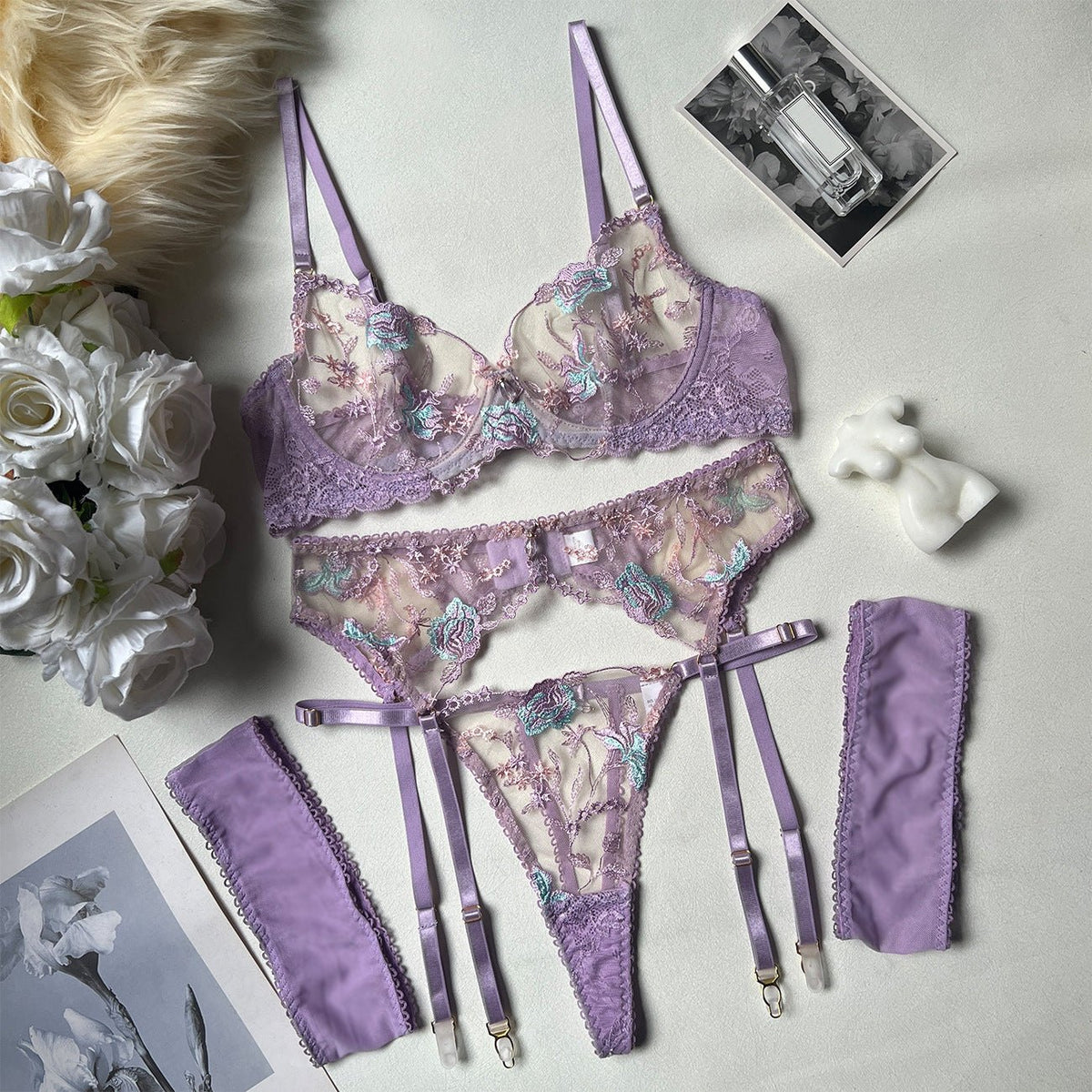 Purple floral embroidered garter lingerie set, photo 6