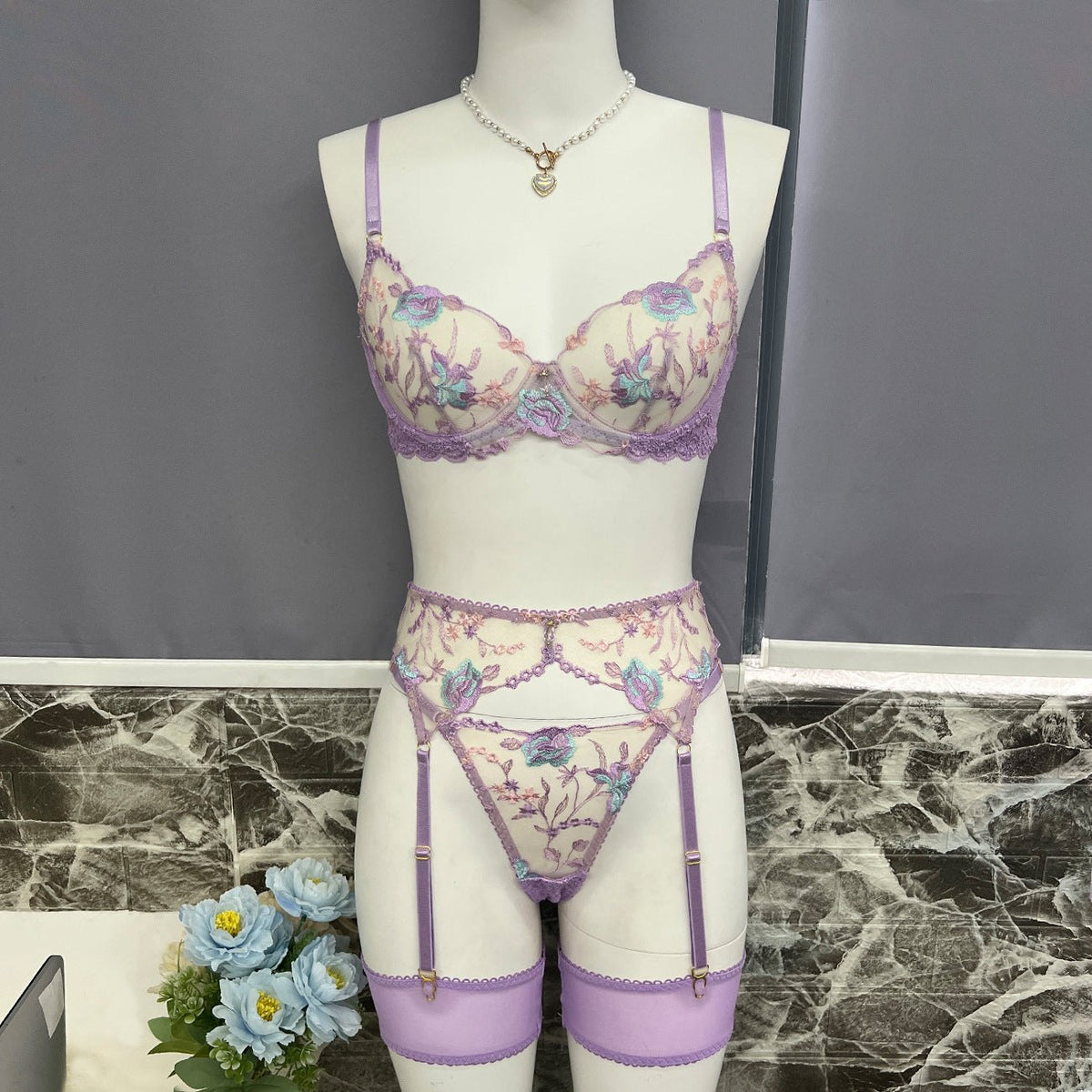 Purple floral embroidered garter lingerie set, photo 7