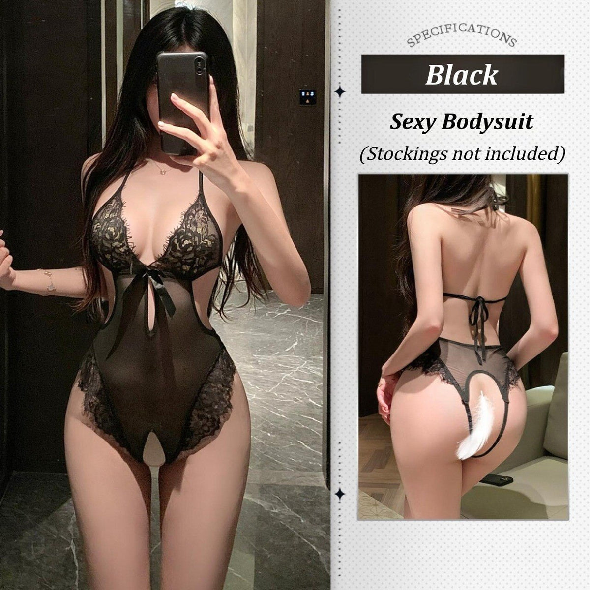 Black sheer lace open-crotch bodysuit with stockings