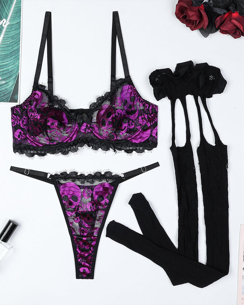 Purple skull embroidery lace garter belt set, photo 6