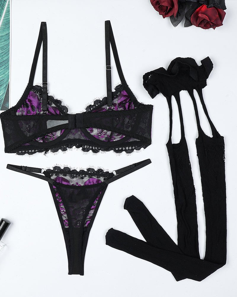Purple skull embroidery lace garter belt set, photo 7