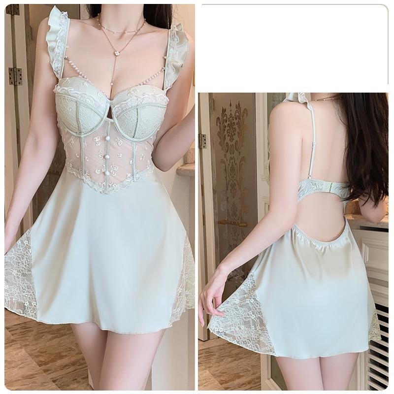 Apple Green (nightdress) push up mesh deep v braces night skirt