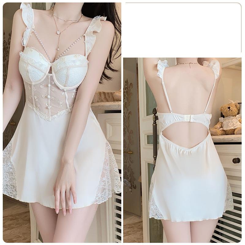 Champagne (nightdress) push up mesh deep v braces night skirt