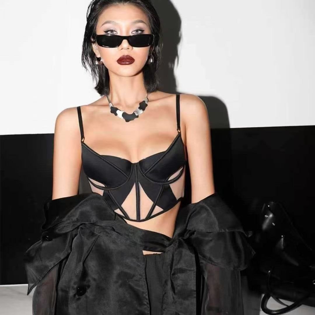 Black push up mesh corset bra thong set