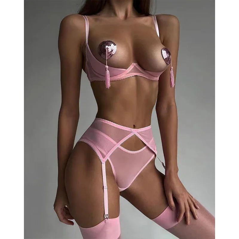 Pink push-up open cup garter belt heart panty set