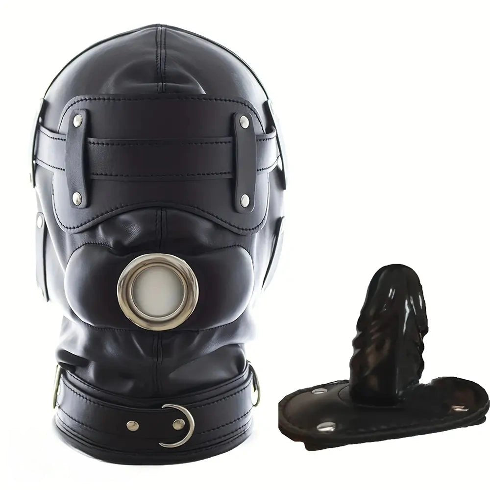 Black PVC full-coverage bondage hood with removable gag insert, photo 1