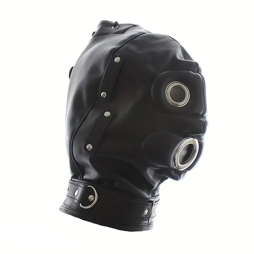 Black PVC full-coverage bondage hood with removable gag insert, photo 10