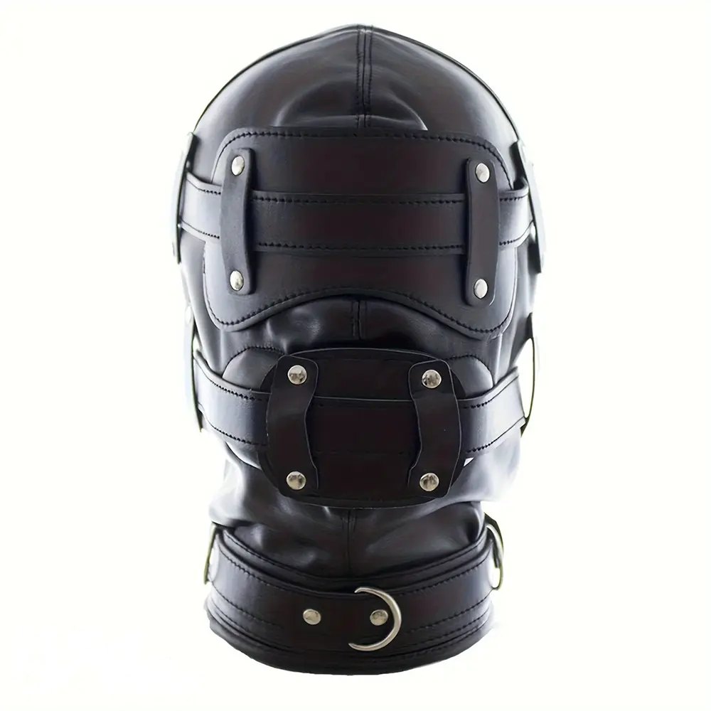 Black PVC full-coverage bondage hood with removable gag insert, photo 2