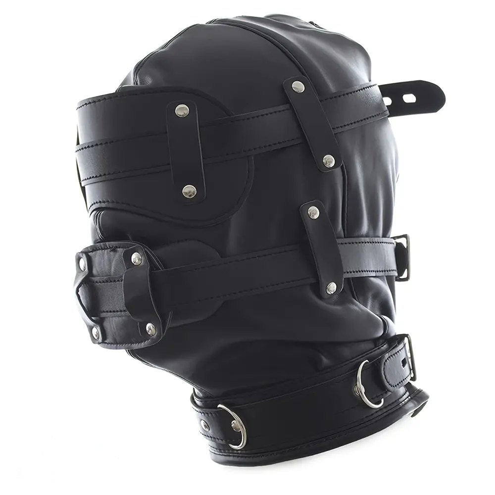 Black PVC full-coverage bondage hood with removable gag insert, photo 3