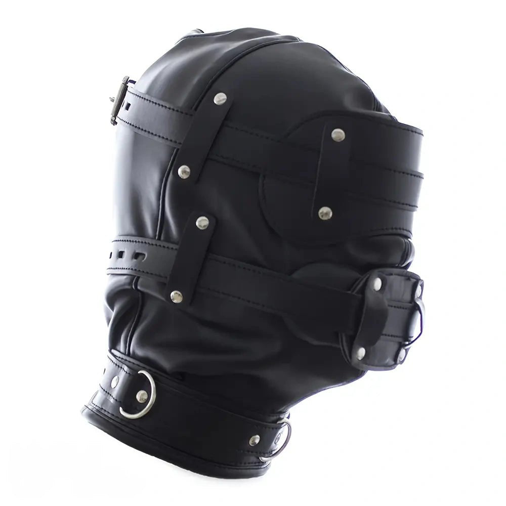 Black PVC full-coverage bondage hood with removable gag insert, photo 4