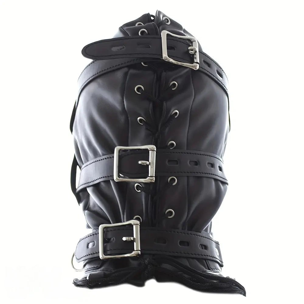 Black PVC full-coverage bondage hood with removable gag insert, photo 5