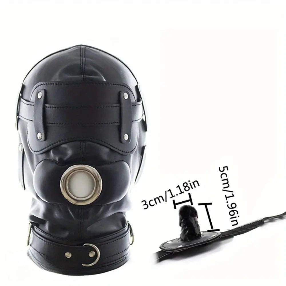 Black PVC full-coverage bondage hood with removable gag insert, photo 6