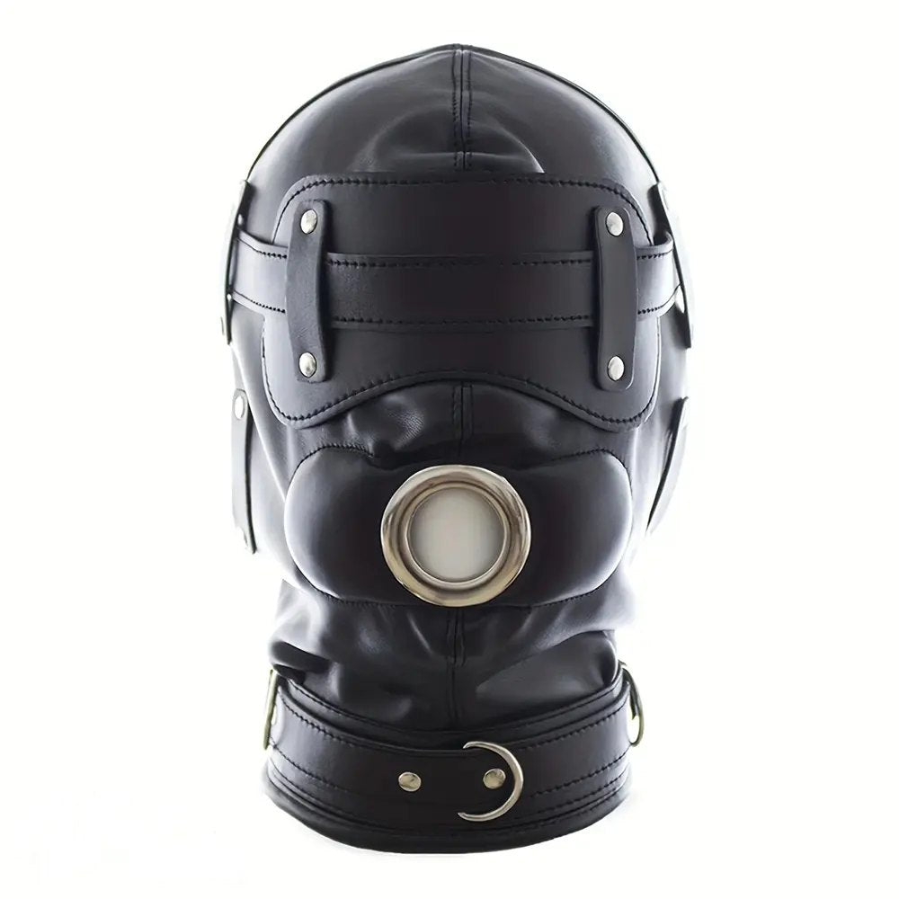 Black PVC full-coverage bondage hood with removable gag insert, photo 7