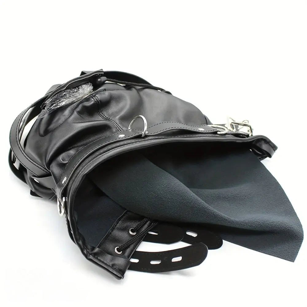 Black PVC full-coverage bondage hood with removable gag insert, photo 8