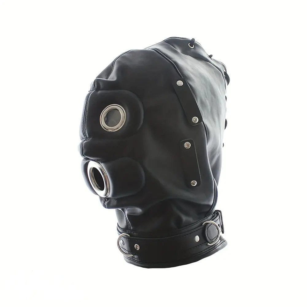 Black PVC full-coverage bondage hood with removable gag insert, photo 9
