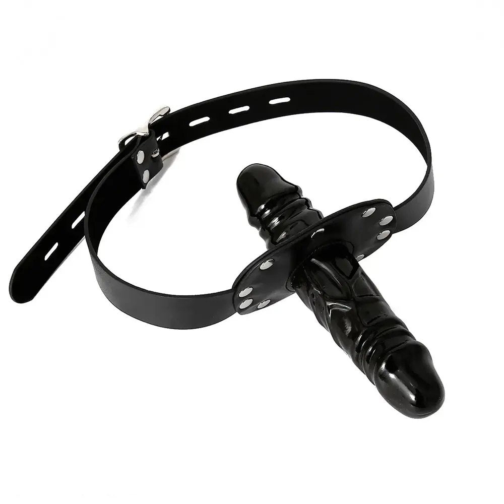 Black PVC chin strap dildo harness, photo 1