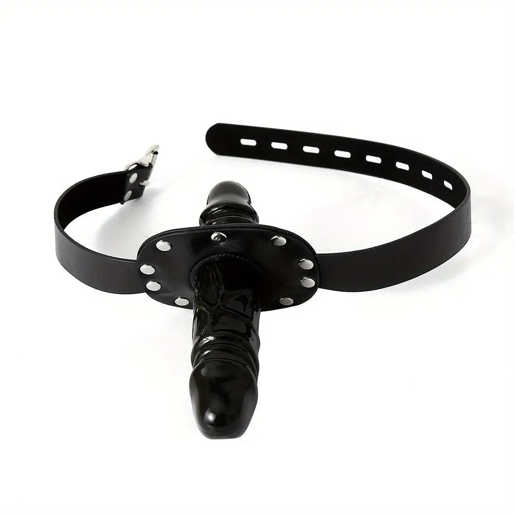 Black PVC chin strap dildo harness, photo 2