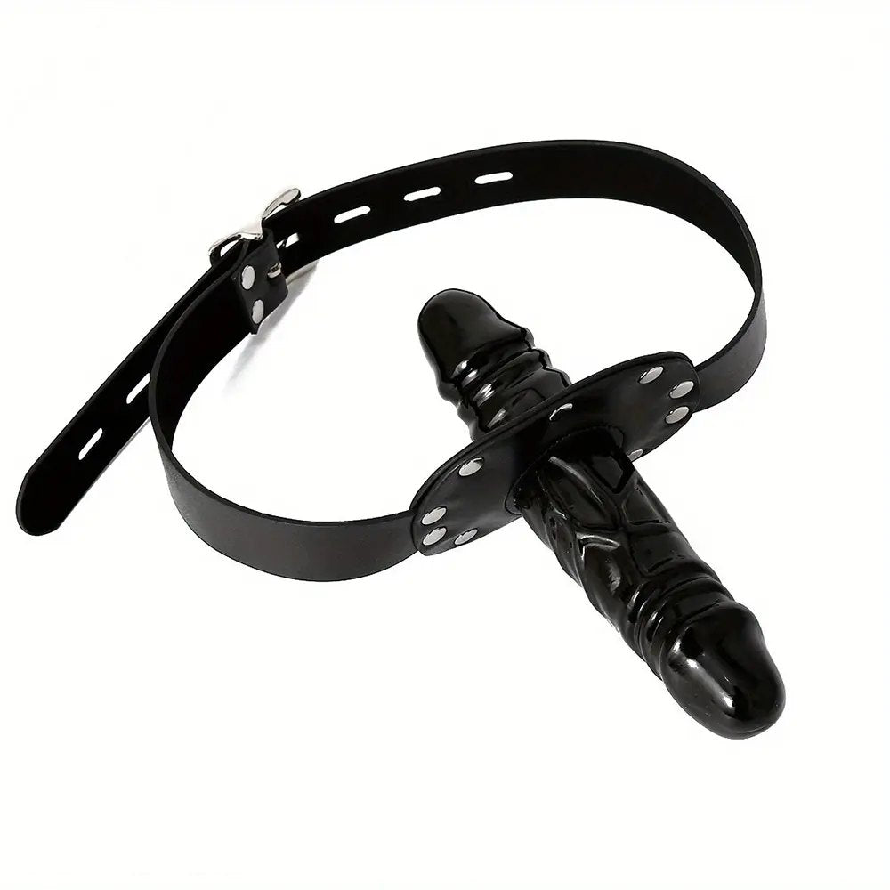 Black PVC chin strap dildo harness, photo 6