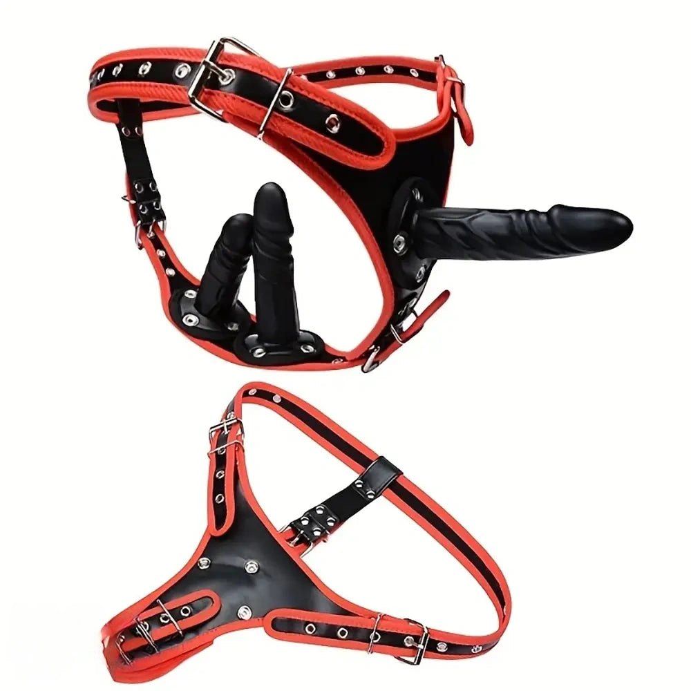 Black PVC strap-on harness with dildo, photo 1
