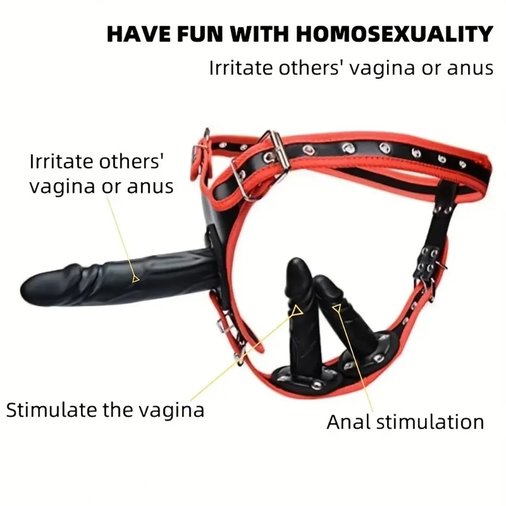 Black PVC strap-on harness with dildo, photo 2