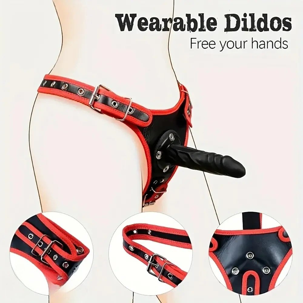 Black PVC strap-on harness with dildo, photo 4