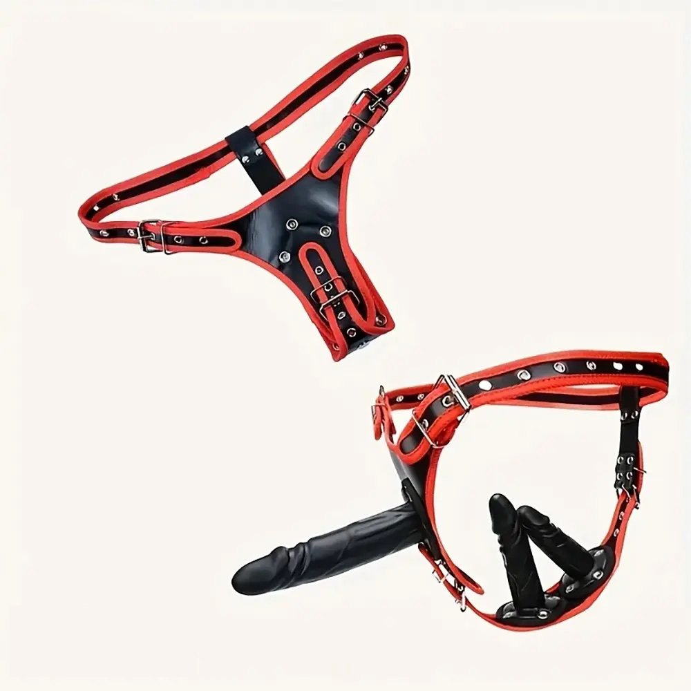 Black PVC strap-on harness with dildo, photo 6