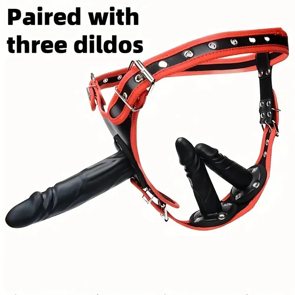 Black PVC strap-on harness with dildo, photo 7