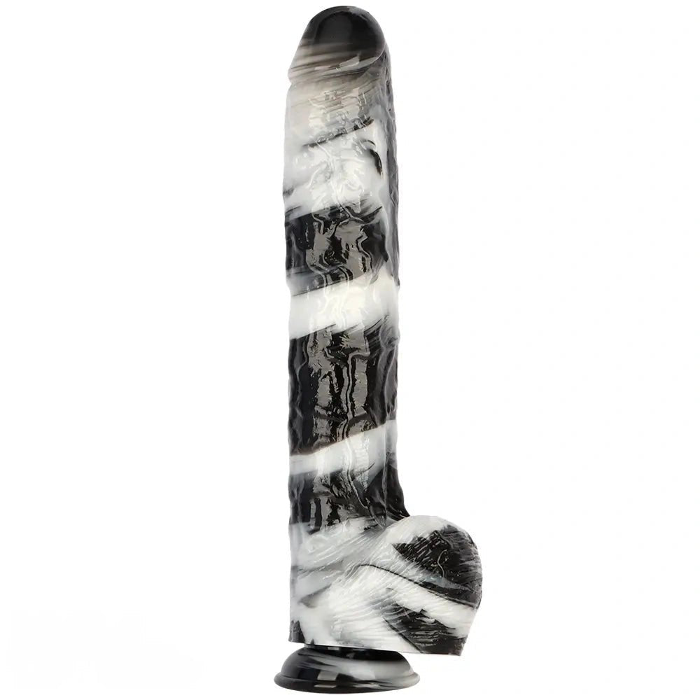 Black and white marbled realistic dildo with suction cup base, photo 1