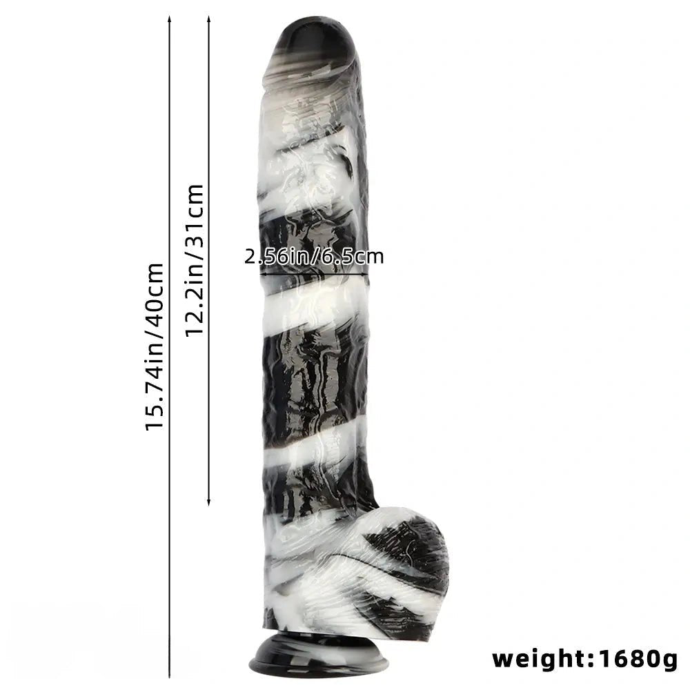 Black and white marbled realistic dildo with suction cup base, photo 10