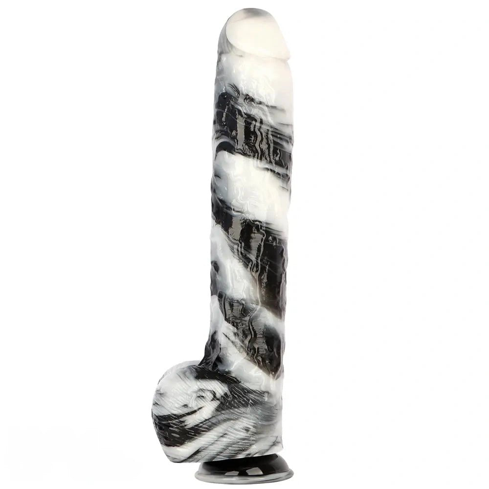Black and white marbled realistic dildo with suction cup base, photo 11