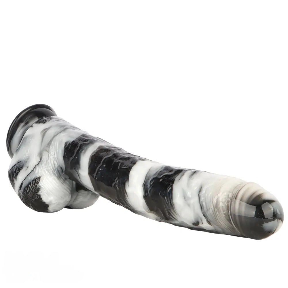 Black and white marbled realistic dildo with suction cup base, photo 12