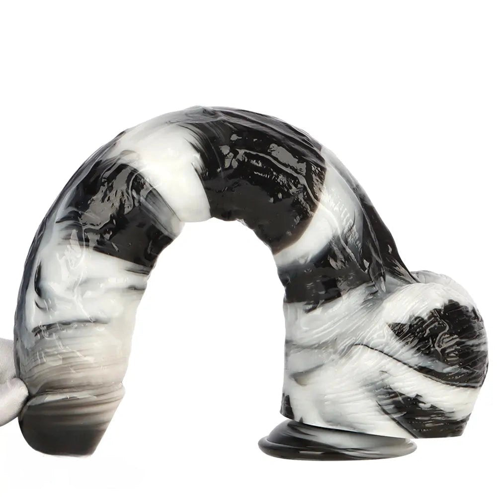 Black and white marbled realistic dildo with suction cup base, photo 13