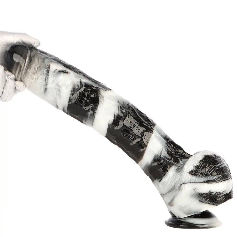 Black and white marbled realistic dildo with suction cup base, photo 14
