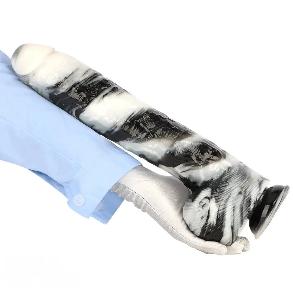 Black and white marbled realistic dildo with suction cup base, photo 15