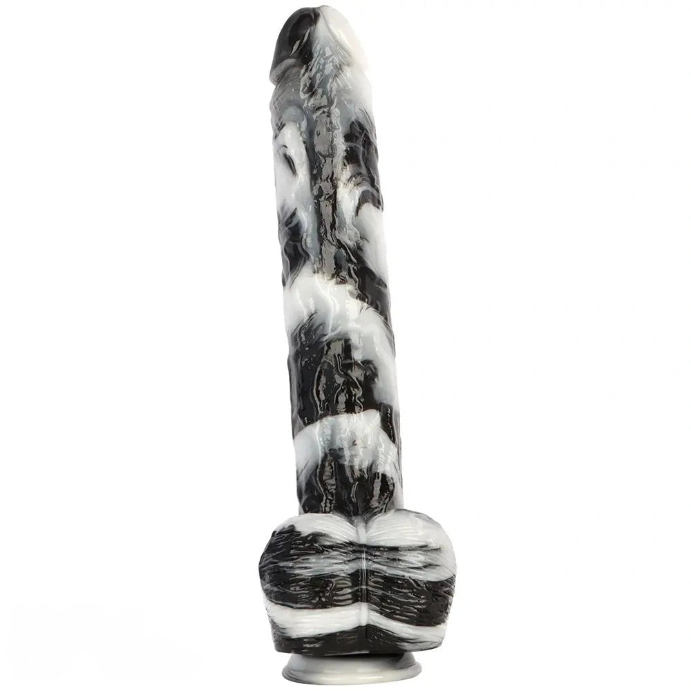 Black and white marbled realistic dildo with suction cup base, photo 2