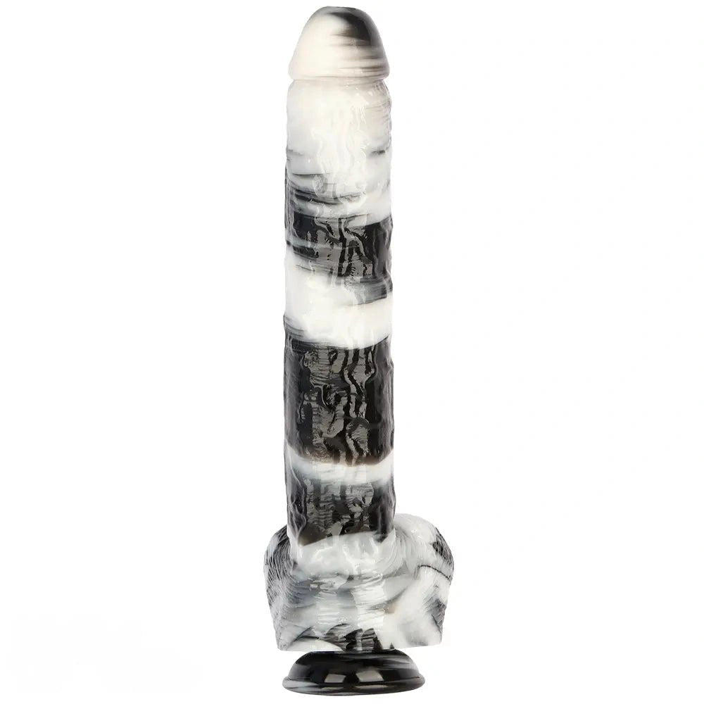 Black and white marbled realistic dildo with suction cup base, photo 3