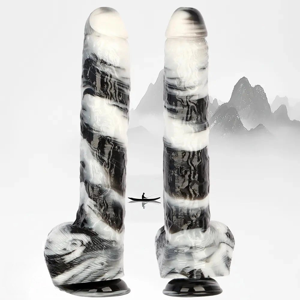 Black and white marbled realistic dildo with suction cup base, photo 5