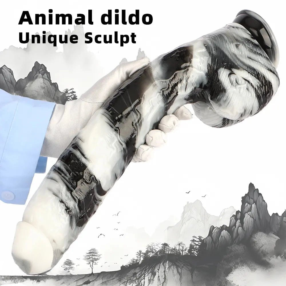 Black and white marbled realistic dildo with suction cup base, photo 6