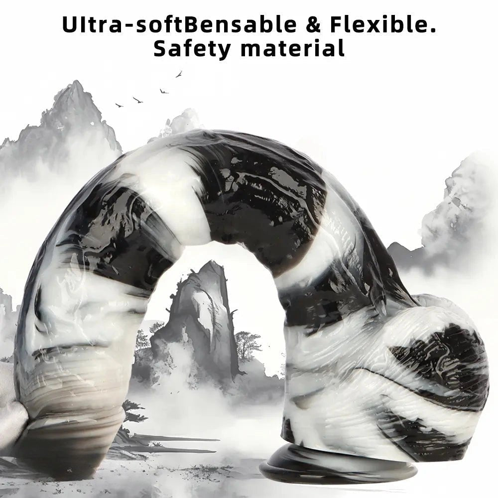 Black and white marbled realistic dildo with suction cup base, photo 7