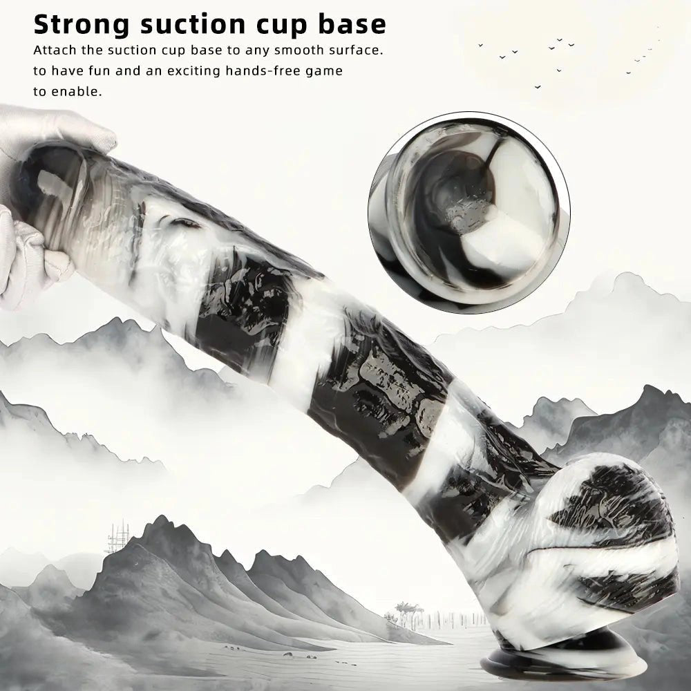 Black and white marbled realistic dildo with suction cup base, photo 8