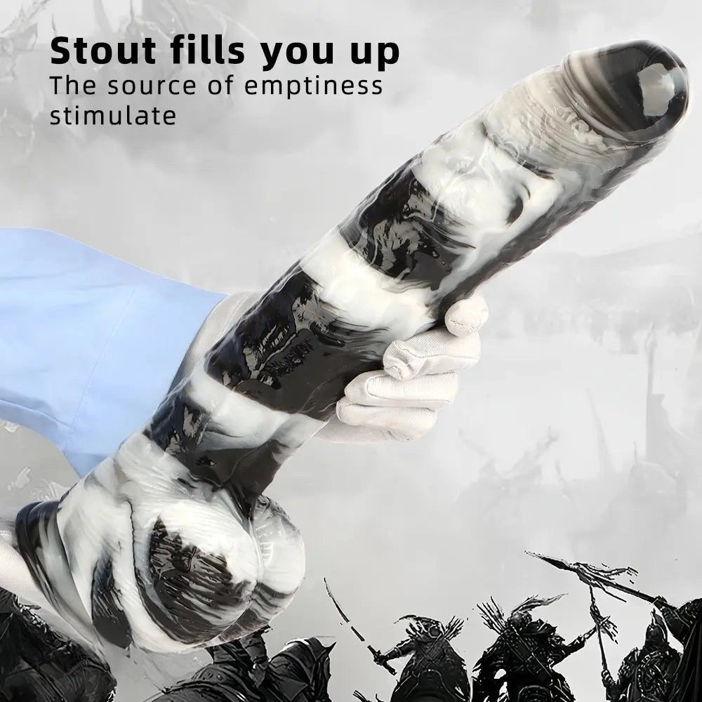 Black and white marbled realistic dildo with suction cup base, photo 9